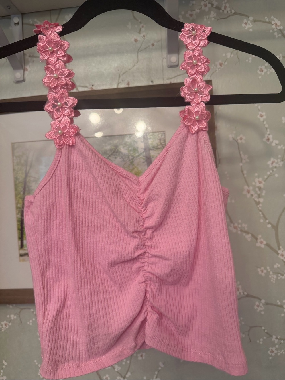 Pink Floral Strap Ribbed Tank Top